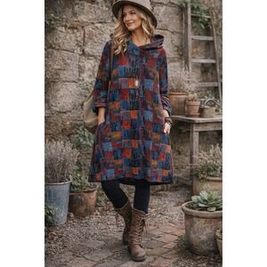 Minibee Boho Hooded Dress Patchwork Artsy Oversized Lagenlook Sweatshirt Tunic L